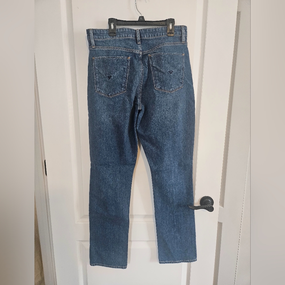 Hudson Women' Jeans 30 Blue Holly Distressed Mid Rise Straight Leg Front Fringe